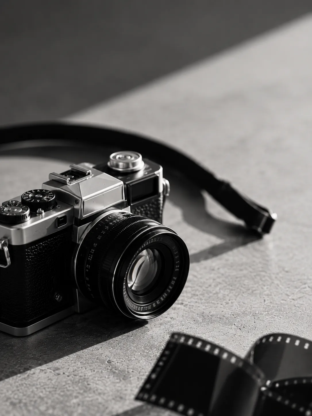 Black-and-white film camera resting on a textured surface